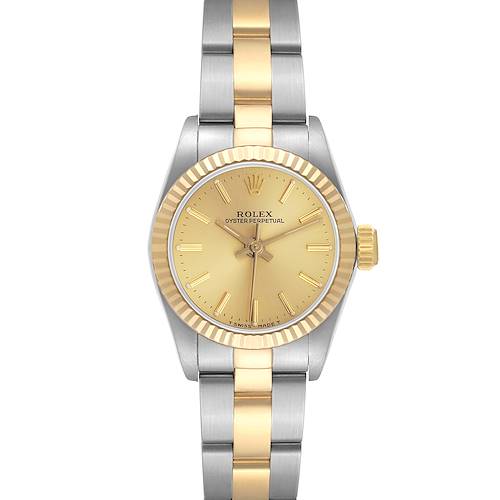 The Rolex Oyster Perpetual 67193 Women's Steel and Gold (two tone) Champagne Dial 67193 Women's Steel and Gold (two tone) Champagne Dial watch is shown from a front view, displaying its gold dial, bezel, and two-tone bracelet.