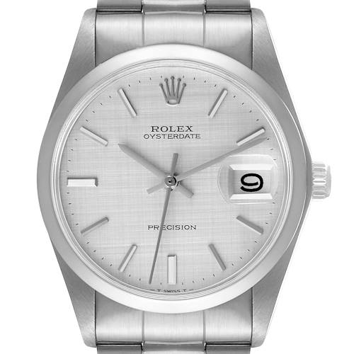 This image shows a front view of a Rolex Oysterdate Precision watch, highlighting the face, bezel, and part of the bracelet.