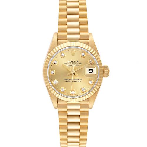 The Rolex President 79178 Women's Yellow Gold Champagne Dial 79178 Women's Yellow Gold Champagne Dial model is shown from a top view, highlighting the golden dial, fluted bezel, and iconic bracelet.