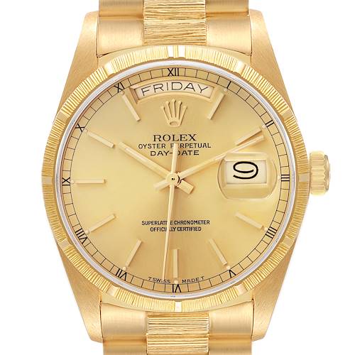 The Rolex President 18078 Men's Yellow Gold Champagne Dial 18078 Men's Yellow Gold Champagne Dial model is shown from the front, displaying the dial, bezel, hands, date, day aperture, and part of the bracelet.