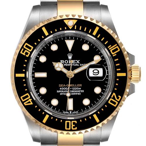 This image shows a front view of the Rolex Sea-Dweller 126603 Men's Steel and Gold (two tone) Black Dial 126603 Men's Steel and Gold (two tone) Black Dial watch, highlighting its black dial, gold accents, and date display.