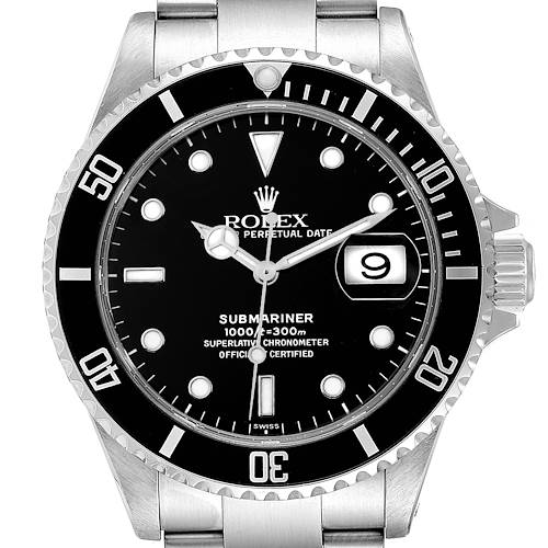 The image shows a front view of a Rolex Submariner 16610 Men's Stainless Steel Black Dial 16610 Men's Stainless Steel Black Dial watch, displaying its black dial, rotating bezel, and date magnifier.