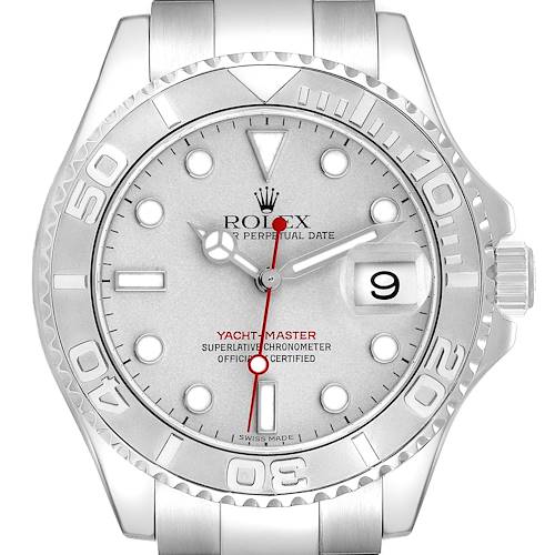 The Rolex Yacht-Master 16622 Men's Stainless Steel Silver Dial 16622 Men's Stainless Steel Silver Dial watch is shown from the front, displaying the dial, bezel, crown, hands, and bracelet.
