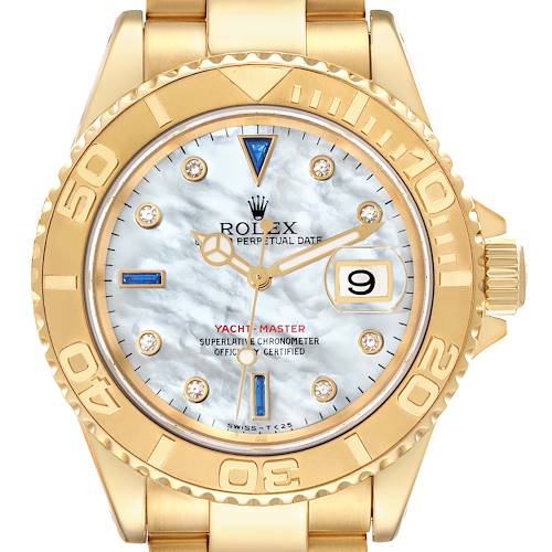 This image shows a front view of a Rolex Yacht-Master 16628 Men's Yellow Gold Mother of Pearl Dial 16628 Men's Yellow Gold Mother of Pearl Dial, highlighting the dial, bezel, crown, and bracelet.