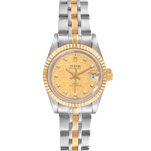 The Tudor Princess 92413 Women's Steel and Gold (two tone) Champagne Dial 92413 Women's Steel and Gold (two tone) Champagne Dial model watch displays the face, bezel, crown, and dual-tone bracelet from a front angle.