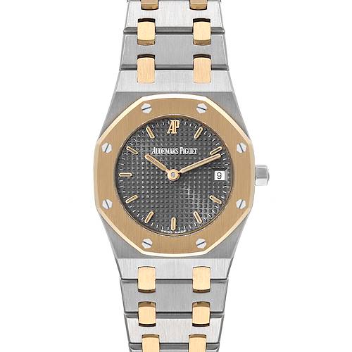 This image shows a front view of the Audemars Piguet Royal Oak Women's Steel and Gold (two tone) Grey Dial Women's Steel and Gold (two tone) Grey Dial watch, highlighting its octagonal bezel, dial, and bracelet.
