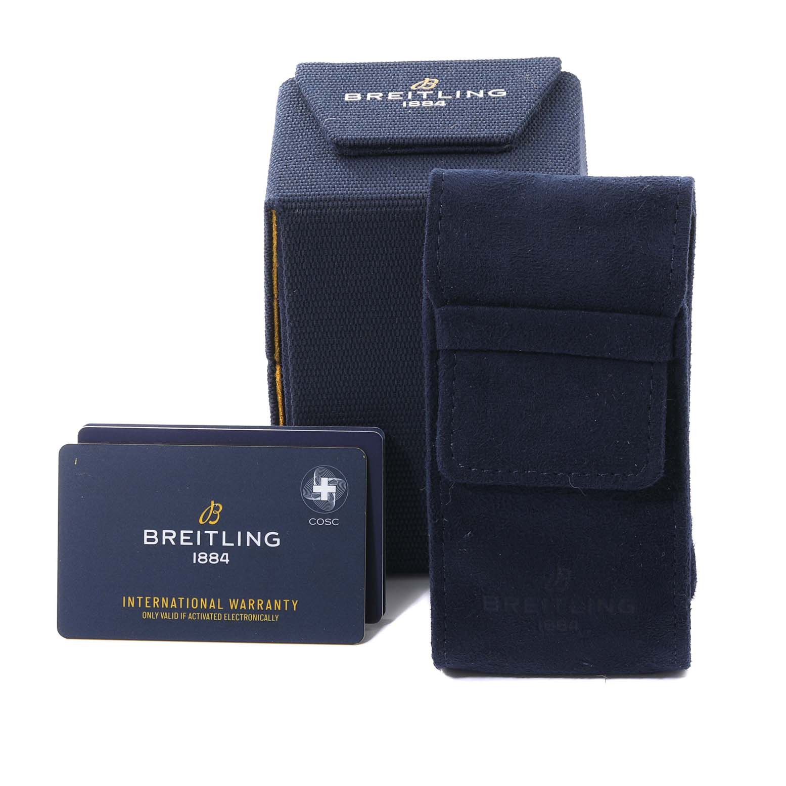 The image shows the packaging, a card wallet, and an international warranty card for the Breitling Professional Series X82310 Men's Ceramic Red Dial X82310 Men's Ceramic Red Dial watch.