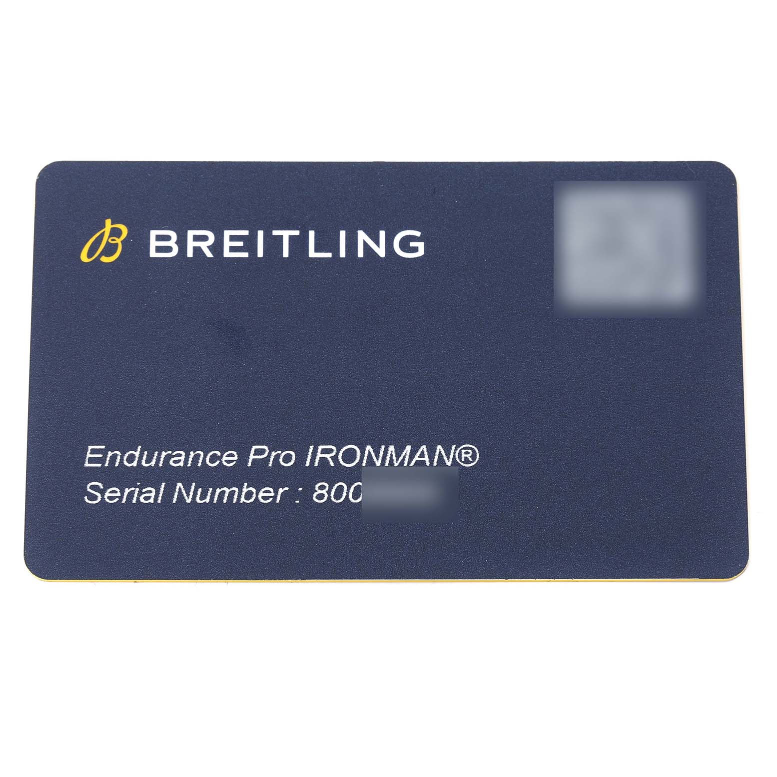 The image shows a warranty or authenticity card for the Breitling Endurance Pro IRONMAN, part of the Professional Series.