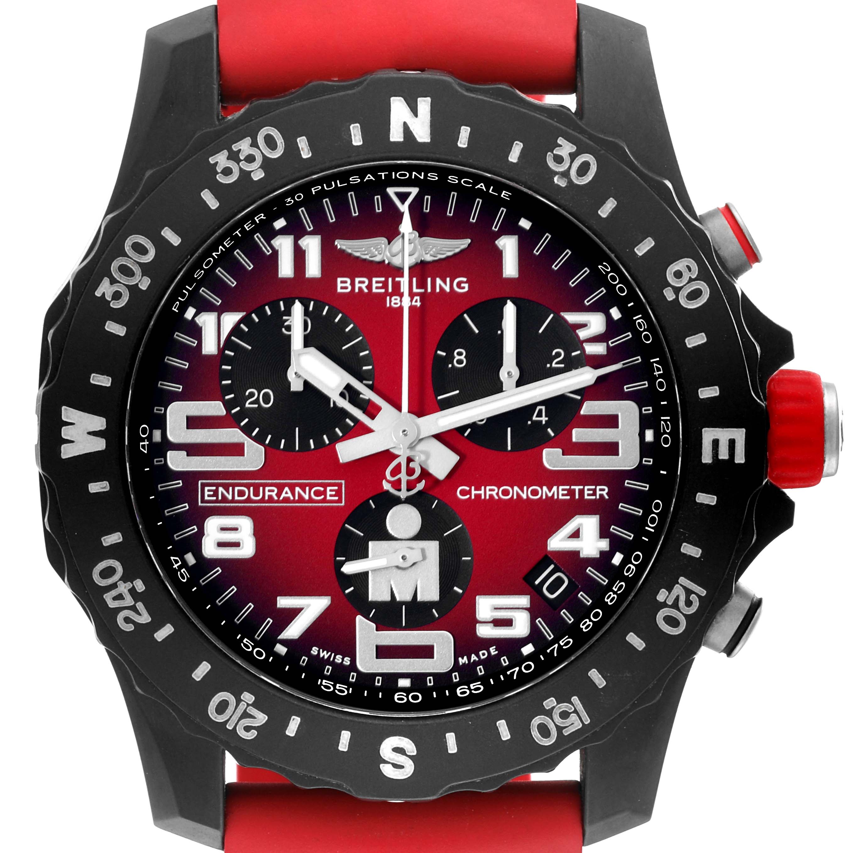 The image shows a front view of the Breitling Professional Series X82310 Men's Ceramic Red Dial X82310 Men's Ceramic Red Dial Endurance watch with a red strap and multiple sub-dials.