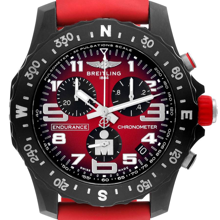 The image shows a front view of the Breitling Professional Series X82310 Men's Ceramic Red Dial X82310 Men's Ceramic Red Dial Endurance watch with a red strap and multiple sub-dials.