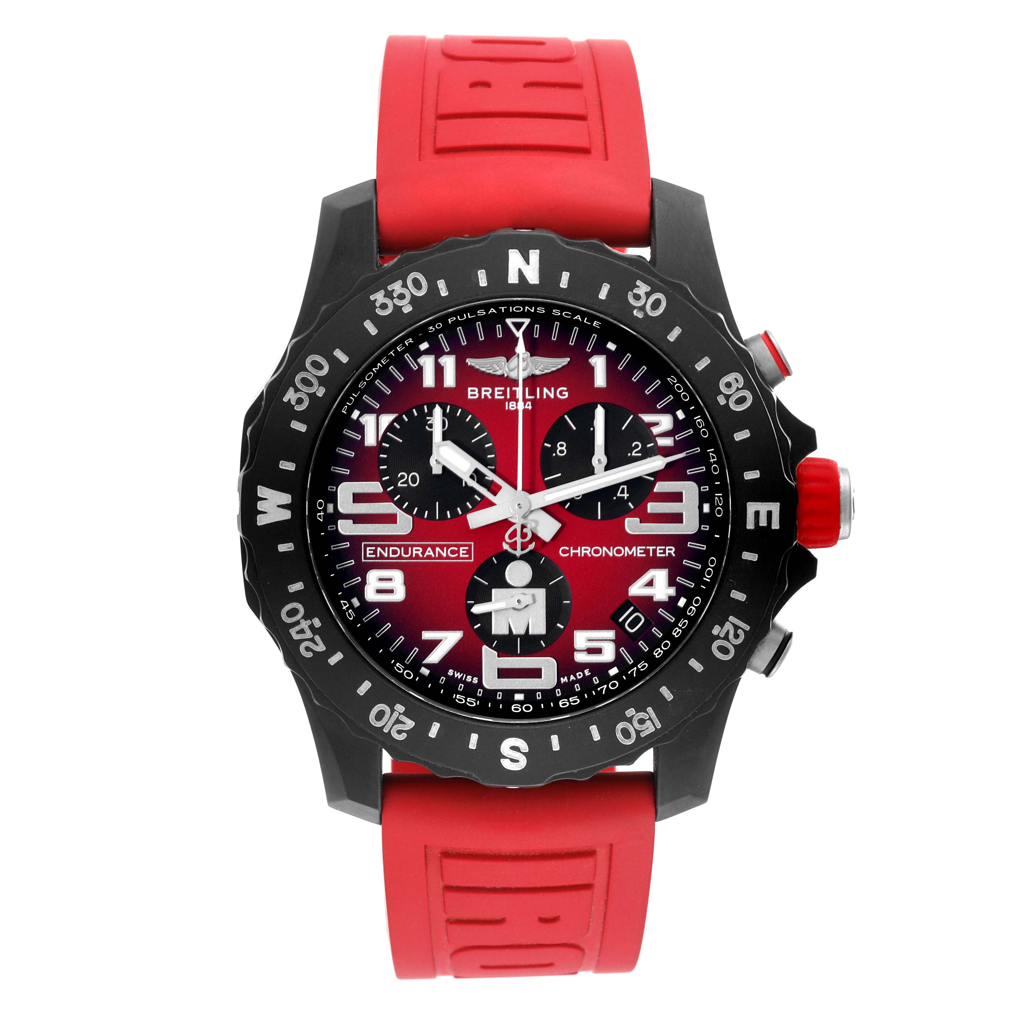 The Breitling Professional Series X82310 Men's Ceramic Red Dial X82310 Men's Ceramic Red Dial watch is shown from a straight-on angle, highlighting the dial and red wristband.