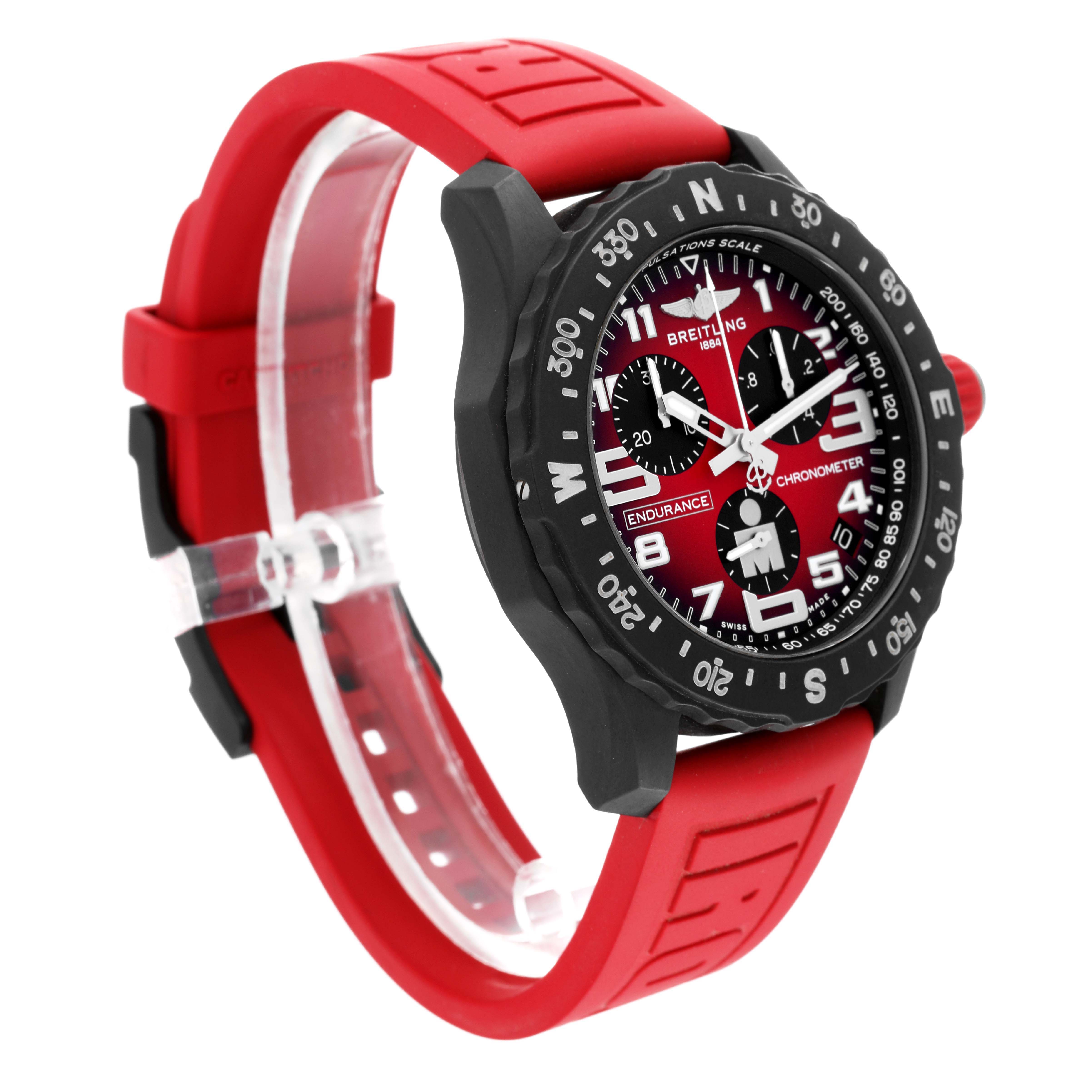 The Breitling Professional Series X82310 Men's Ceramic Red Dial X82310 Men's Ceramic Red Dial watch is shown at an angle highlighting its red strap, black case, and dial with chronograph features.