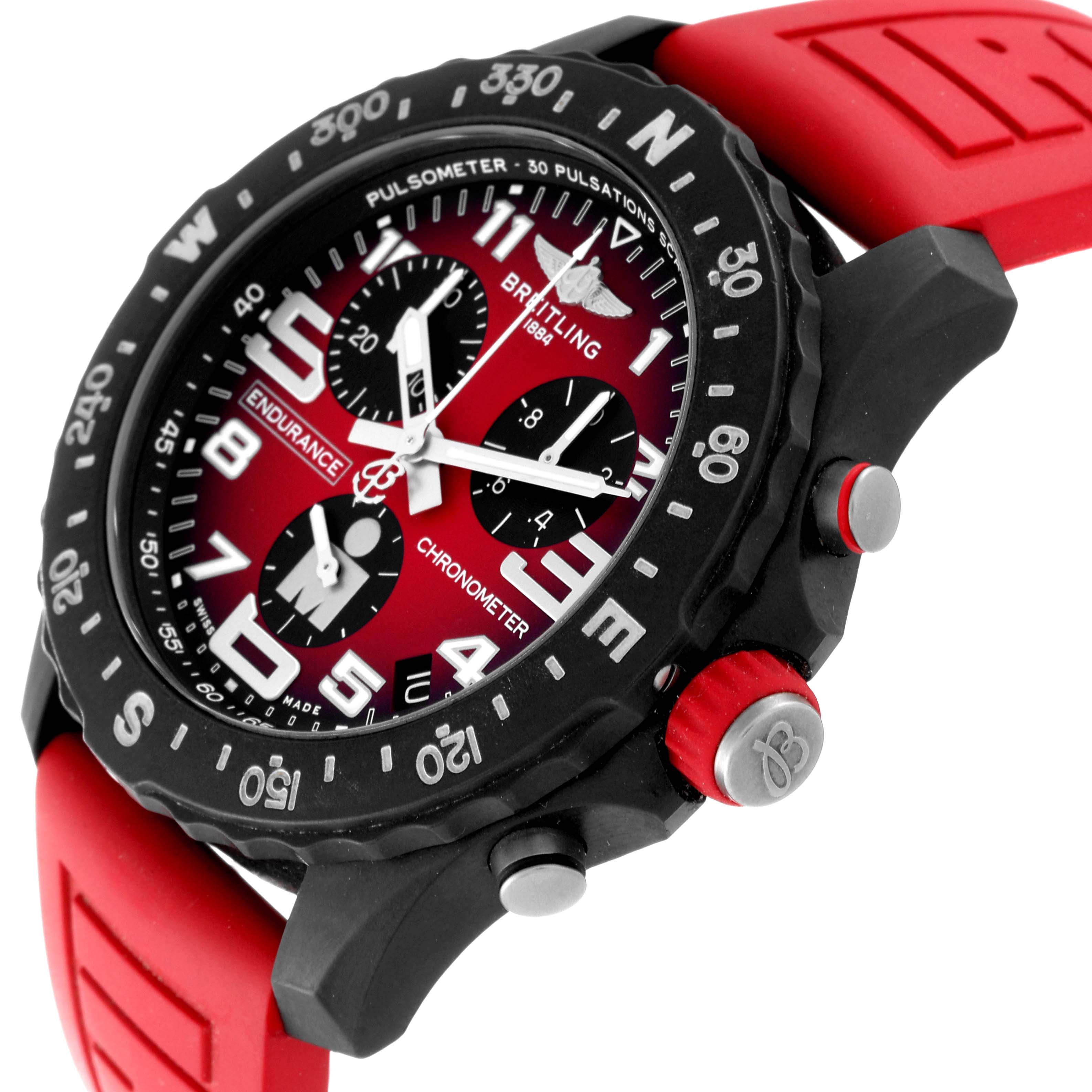 The Breitling Professional Series X82310 Men's Ceramic Red Dial X82310 Men's Ceramic Red Dial watch is shown at an angle highlighting the red strap, bezel, dial, and chronograph pushers.