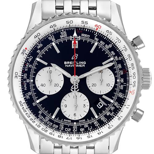 The Breitling Navitimer AB0121 Men's Stainless Steel Black Dial AB0121 Men's Stainless Steel Black Dial watch is shown from the front, displaying its face, bezel, and bracelet.