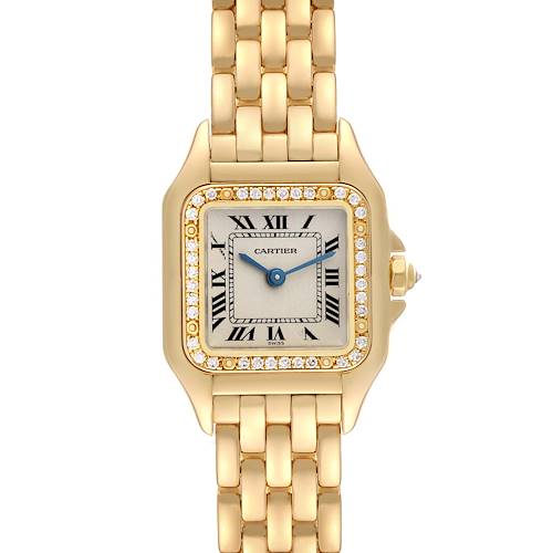 The image shows a front view of a Panthère de Cartier watch, highlighting the dial, bezel, and bracelet.