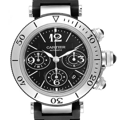 This image shows a front view of the Cartier Pasha W31088U2 Men's Stainless Steel Black Dial W31088U2 Men's Stainless Steel Black Dial model watch, displaying the face, bezel, crown, and pushers.