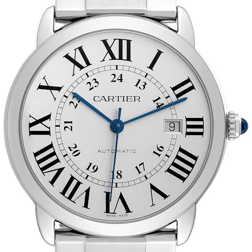 This image shows a frontal view of the Cartier Ronde W6701011 Men's Stainless Steel Silver Dial W6701011 Men's Stainless Steel Silver Dial watch, highlighting its face with Roman numerals and date function.