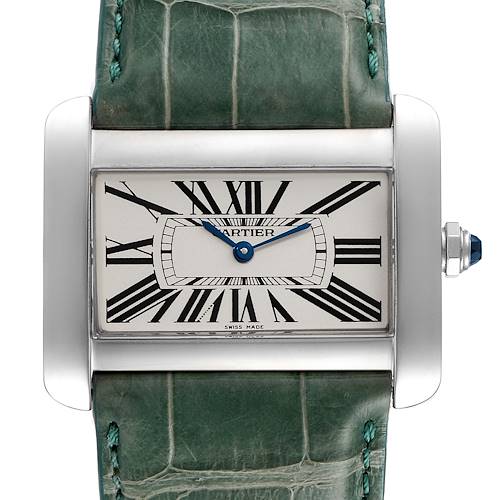 The image shows a frontal view of a Cartier Tank Divan W6300755 Men's Stainless Steel Silver Dial W6300755 Men's Stainless Steel Silver Dial watch, highlighting the dial, green strap, and blue winding crown.
