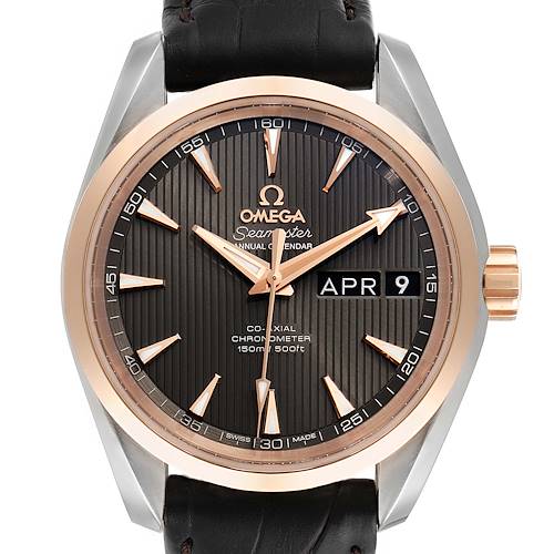 This image shows a front view of the Omega Seamaster Aqua Terra watch, displaying the face, hands, date, and crown.