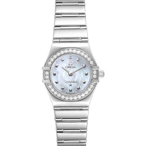 The image shows a front view of the Omega 1465.71.00 Women's Stainless Steel Mother of Pearl Dial 1465.71.00 Women's Stainless Steel Mother of Pearl Dial Constellation My Choice Diamond Steel Ladies Watch 1465.71.00, displaying the dial and band.
