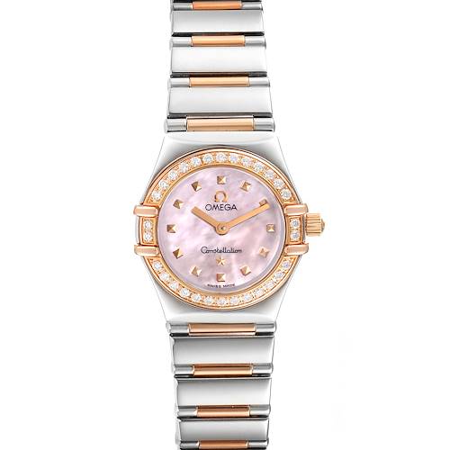 The image shows the front view of the Omega 1365.71.00 Women's Steel and Gold (two tone) Mother of Pearl Dial 1365.71.00 Women's Steel and Gold (two tone) Mother of Pearl Dial Constellation Steel Rose Gold Diamond Mini Ladies Watch 1365.71.00 with its bracelet.