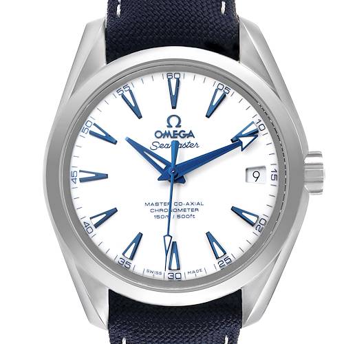 The image shows a front view of an Omega Aqua Terra 231.92.39.21.04.001 Men's Titanium White Dial 231.92.39.21.04.001 Men's Titanium White Dial model watch with a white dial, blue markers, and a date display at 3 o'clock.