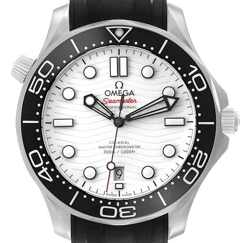 The image shows a front view of the Omega Seamaster 210.32.42.20.04.001 Men's Stainless Steel White Dial 210.32.42.20.04.001 Men's Stainless Steel White Dial watch, highlighting its black bezel, white dial, and rubber strap.