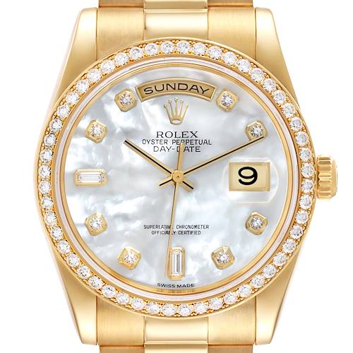 The image shows a front view of the Rolex President 118348 Men's Yellow Gold Mother of Pearl Dial 118348 Men's Yellow Gold Mother of Pearl Dial model watch, featuring a gold bezel with diamonds, and a day-date display.