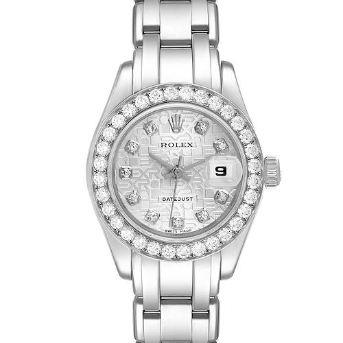 The image shows a front view of a Rolex Pearlmaster 69299 Women's White Gold Silver Dial 69299 Women's White Gold Silver Dial watch, highlighting its diamond-studded bezel, dial, date window, and bracelet.