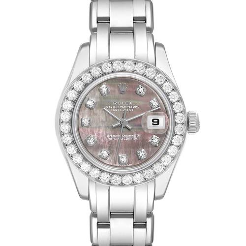 The image shows a front view of the Rolex Pearlmaster 80299 Women's White Gold Mother of Pearl Dial 80299 Women's White Gold Mother of Pearl Dial watch, highlighting its diamond bezel, mother-of-pearl dial, and metal bracelet.