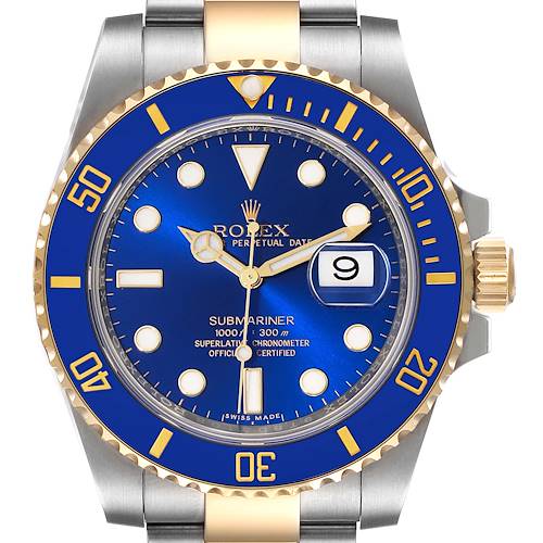 The image shows a close-up, front view of a Rolex Submariner 116613 Men's Steel and Gold (two tone) Blue Dial 116613 Men's Steel and Gold (two tone) Blue Dial watch, displaying its blue dial, bezel, and date window.
