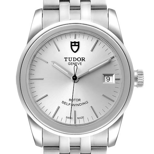 This image shows a front view of a Tudor Glamour M55000-0001 Men's Stainless Steel Silver Dial M55000-0001 Men's Stainless Steel Silver Dial model watch, highlighting its dial, crown, and bracelet.