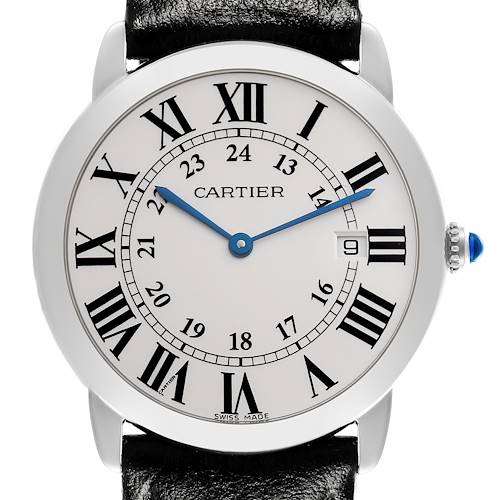 The Cartier Ronde W6700255 Men's Stainless Steel Silver Dial W6700255 Men's Stainless Steel Silver Dial watch is shown from a front angle, displaying its dial, Roman numerals, blue hands, date window, and crown.