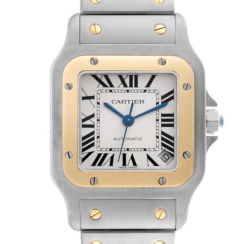 The Cartier Santos W20099C4 Men's Steel and Gold (two tone) Silver Dial W20099C4 Men's Steel and Gold (two tone) Silver Dial watch is shown from the front, highlighting the dial, bezel, and part of the bracelet.