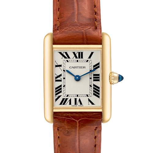 The image shows a front view of the Cartier Tank Louis W1529856 Women's Yellow Gold Silver Dial W1529856 Women's Yellow Gold Silver Dial watch, showcasing its rectangular dial and leather strap.