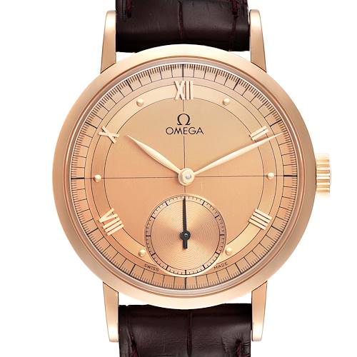 The image shows a frontal view of the Omega Museum 5950.30.03 Men's Rose Gold Brown Dial 5950.30.03 Men's Rose Gold Brown Dial model watch highlighting its dial, hands, and strap.
