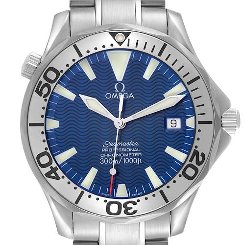 The Omega Seamaster 2255.80.00 Men's Stainless Steel Blue Dial 2255.80.00 Men's Stainless Steel Blue Dial watch is shown from a front angle, highlighting the dial, bezel, and part of the bracelet.