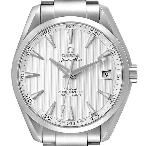 The image shows a front view of the Omega Aqua Terra 231.10.42.21.02.001 Men's Stainless Steel Silver Dial 231.10.42.21.02.001 Men's Stainless Steel Silver Dial watch, displaying its face, bezel, and part of the bracelet.