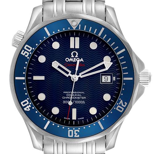 The Omega Seamaster 70789 Men's Stainless Steel Blue Dial 70789 Men's Stainless Steel Blue Dial watch is shown from the front, displaying its dial, bezel, metal bracelet, hands, and date window.