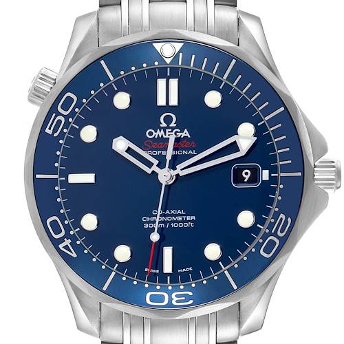 The Omega Seamaster 212.30.41.20.03.001 Men's Stainless Steel Blue Dial 212.30.41.20.03.001 Men's Stainless Steel Blue Dial watch is shown from the front, displaying the dial, bezel, date window, and part of the bracelet.