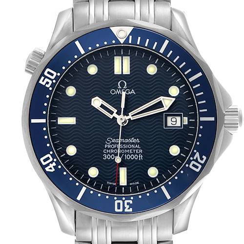 The Omega Seamaster 2531.80.00 Men's Stainless Steel Blue Dial 2531.80.00 Men's Stainless Steel Blue Dial watch is shown from a front angle, highlighting its bezel, dial, hands, indices, and date window.