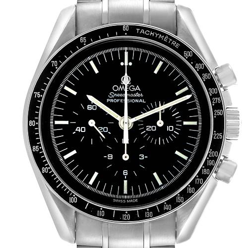 The Omega Speedmaster 3571.50.00 Men's Stainless Steel Black Dial 3571.50.00 Men's Stainless Steel Black Dial watch is shown from a front angle, highlighting the dial, bezel, and chronograph pushers.