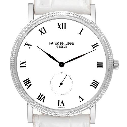 The image shows a front view of a Patek Philippe Calatrava 3919G Men's White Gold White Dial 3919G Men's White Gold White Dial watch, featuring its white dial, Roman numerals, and a small seconds sub-dial.