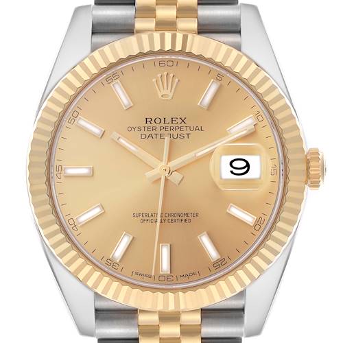 The Rolex Datejust 41 126333 Men's Steel and Gold (two tone) Champagne Dial 126333 Men's Steel and Gold (two tone) Champagne Dial is shown from a front view, highlighting its gold dial, fluted bezel, and Jubilee bracelet.