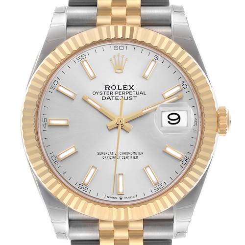 The Rolex Datejust 41 126333 Men's Steel and Gold (two tone) Silver Dial 126333 Men's Steel and Gold (two tone) Silver Dial is shown from a front angle, highlighting the dial, bezel, crown, and part of the bracelet.