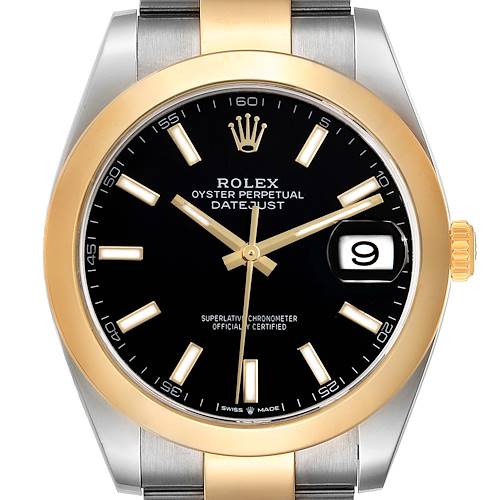 This image shows a close-up front view of the Rolex Datejust 41 126303 Men's Steel and Gold (two tone) Black Dial 126303 Men's Steel and Gold (two tone) Black Dial watch, focusing on the dial, bezel, and part of the bracelet.