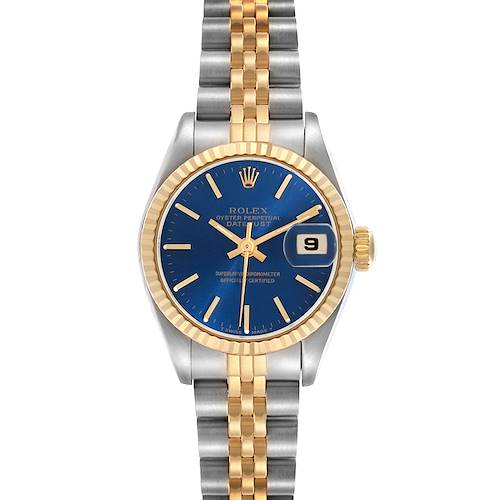 The Rolex Datejust 69173 Women's Steel and Gold (two tone) Blue Dial 69173 Women's Steel and Gold (two tone) Blue Dial watch is shown from a top view, displaying the face, bezel, crown, and bracelet.