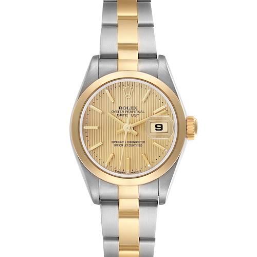 The Rolex Datejust 79163 Women's Steel and Gold (two tone) Champagne Dial 79163 Women's Steel and Gold (two tone) Champagne Dial watch is shown from a front angle, featuring its two-tone bracelet, gold bezel, and dial with date display.