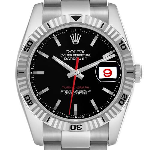 The Rolex Turn-o-Graph 116264 Men's Stainless Steel Black Dial 116264 Men's Stainless Steel Black Dial watch is shown from the front, displaying the dial, bezel, crown, and part of the bracelet.
