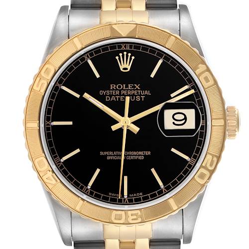 The image shows a Rolex Turn-o-Graph 16263 Men's Steel and Gold (two tone) Black Dial 16263 Men's Steel and Gold (two tone) Black Dial watch face directly, highlighting the gold bezel, crown, and black dial details.
